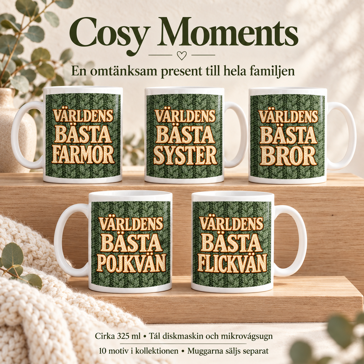 Världens bästa Farfar – Mugg med olivgrönt stickat motiv, 11 oz | Cosy Moments