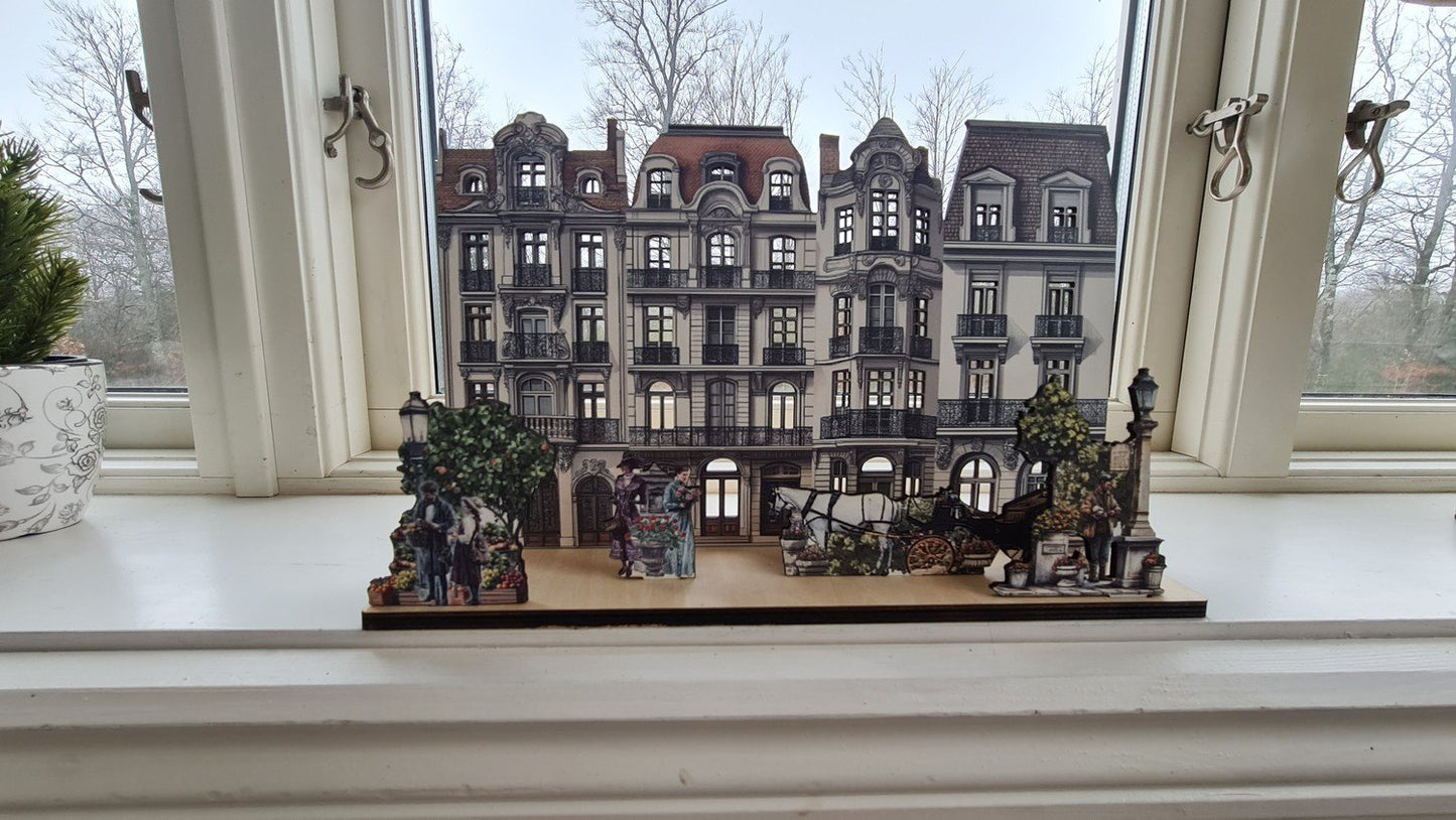 European Townhouse Miniature Scene - perfekt för LED-ljusbelysta fönster