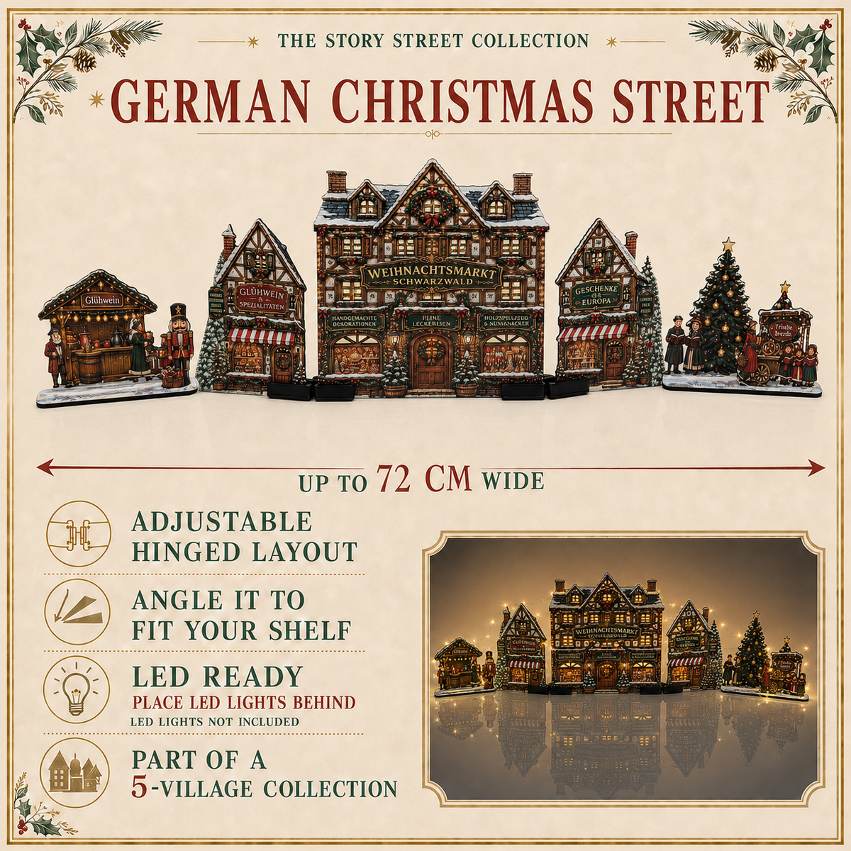 German Christmas Street julby – LED-förberedd tysk julmarknad, upp till 72 cm