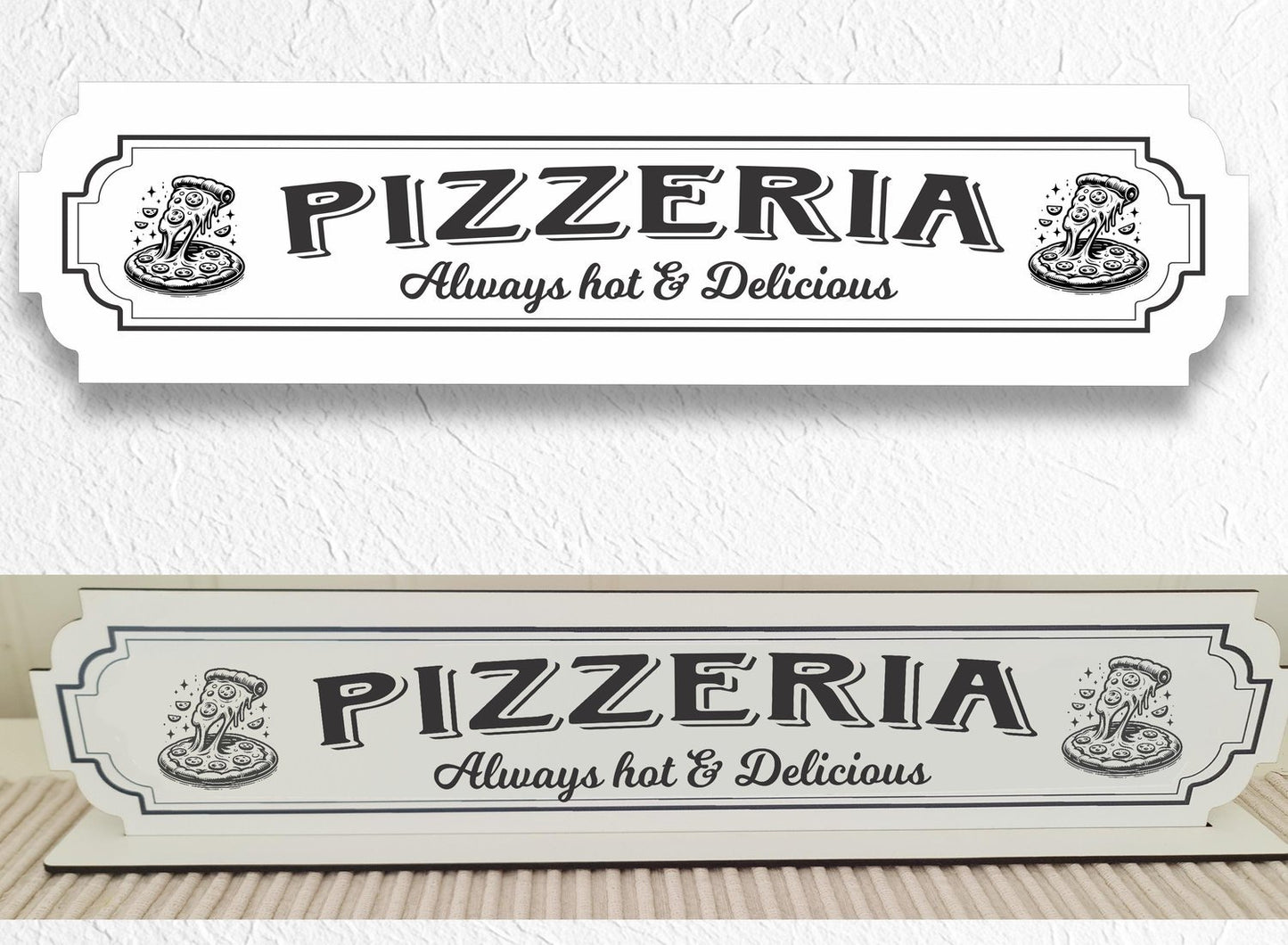 Pizzeria Vit skylt - Pizzeriaskylt med stativbas 350x80mm