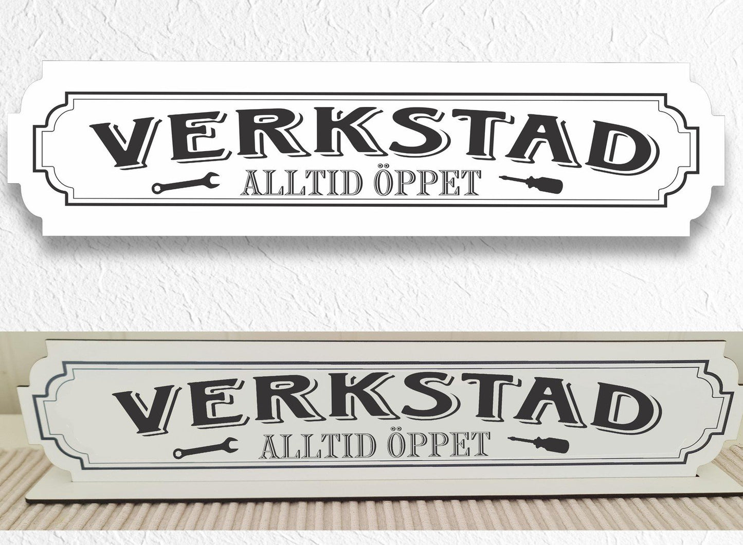 Verkstad vit skylt - Verkstadskylt med stativbasen 350x80mm garage