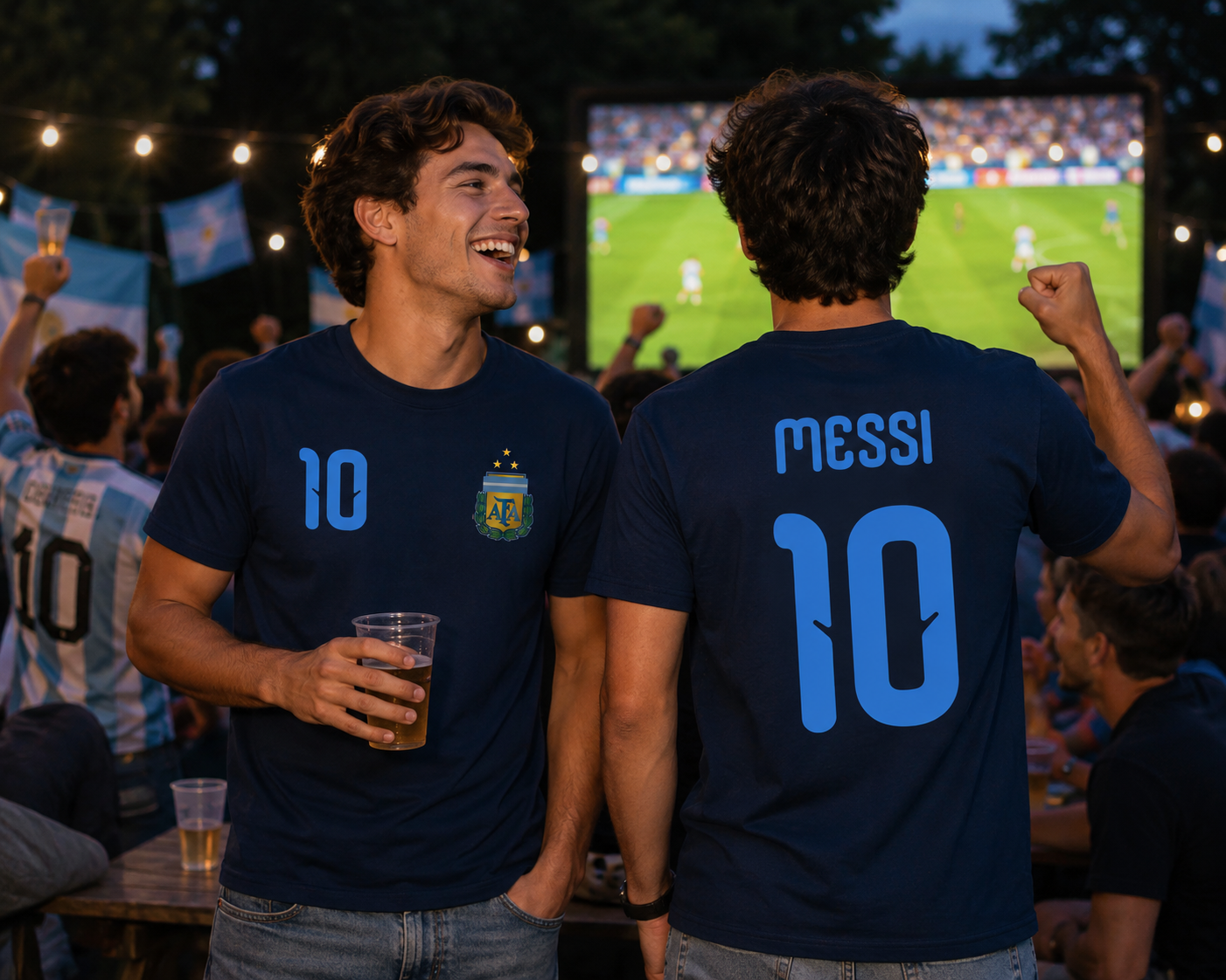 Two men wearing Argentina soccer jerseys with Messi's name and number, watching a match outdoors.