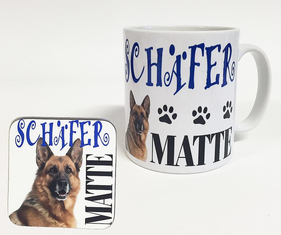 Mugg + Underlägg med tryck Schäfer matte hund design