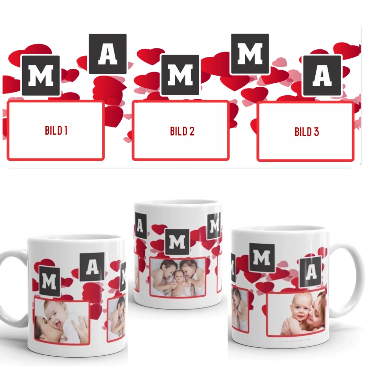 Mamma mugg med 3 st foto design. Personlig mugg med eget val av foto.