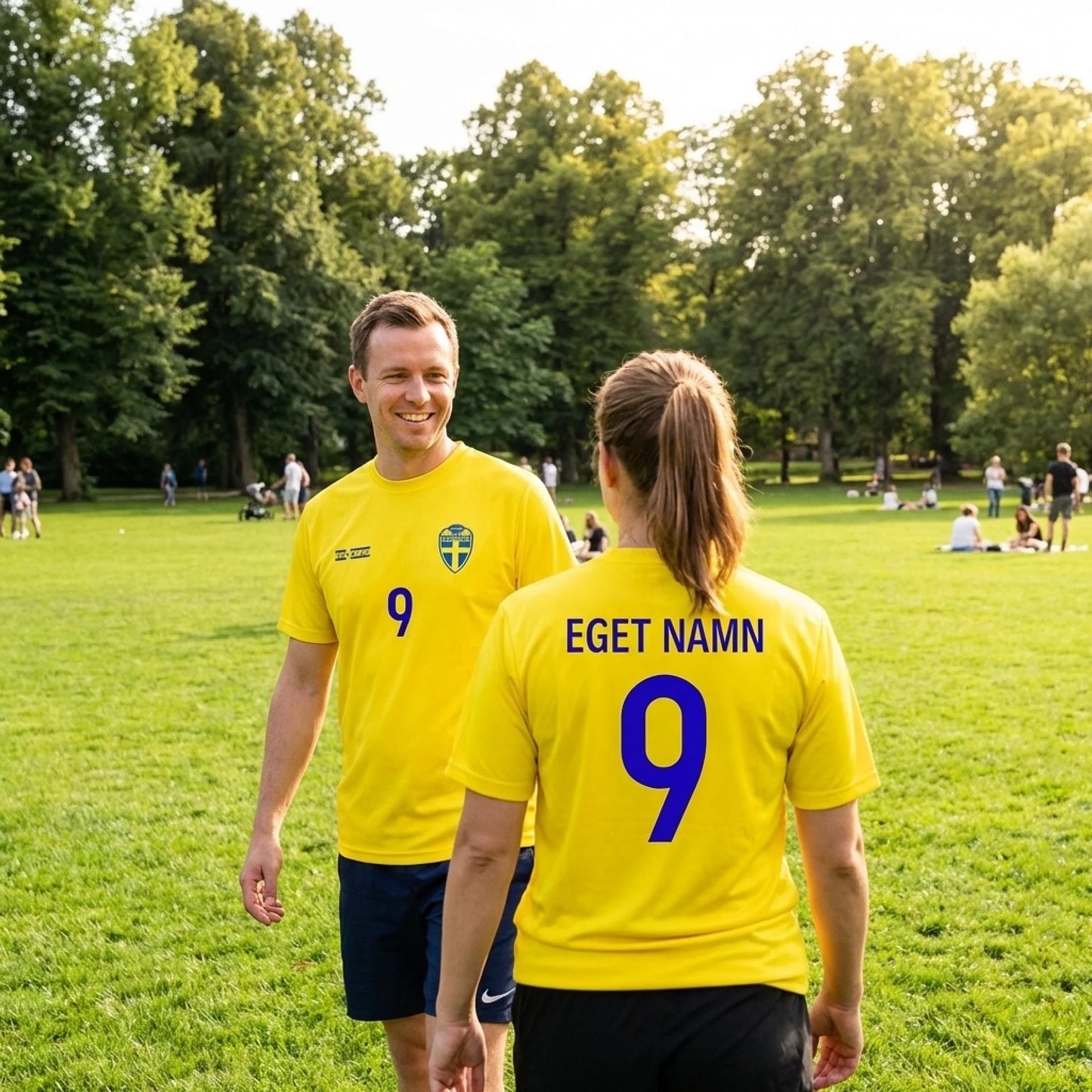 Two people wearing sweden yellow soccer jerseys with numbers and names on a grassy field. Own name and number pint