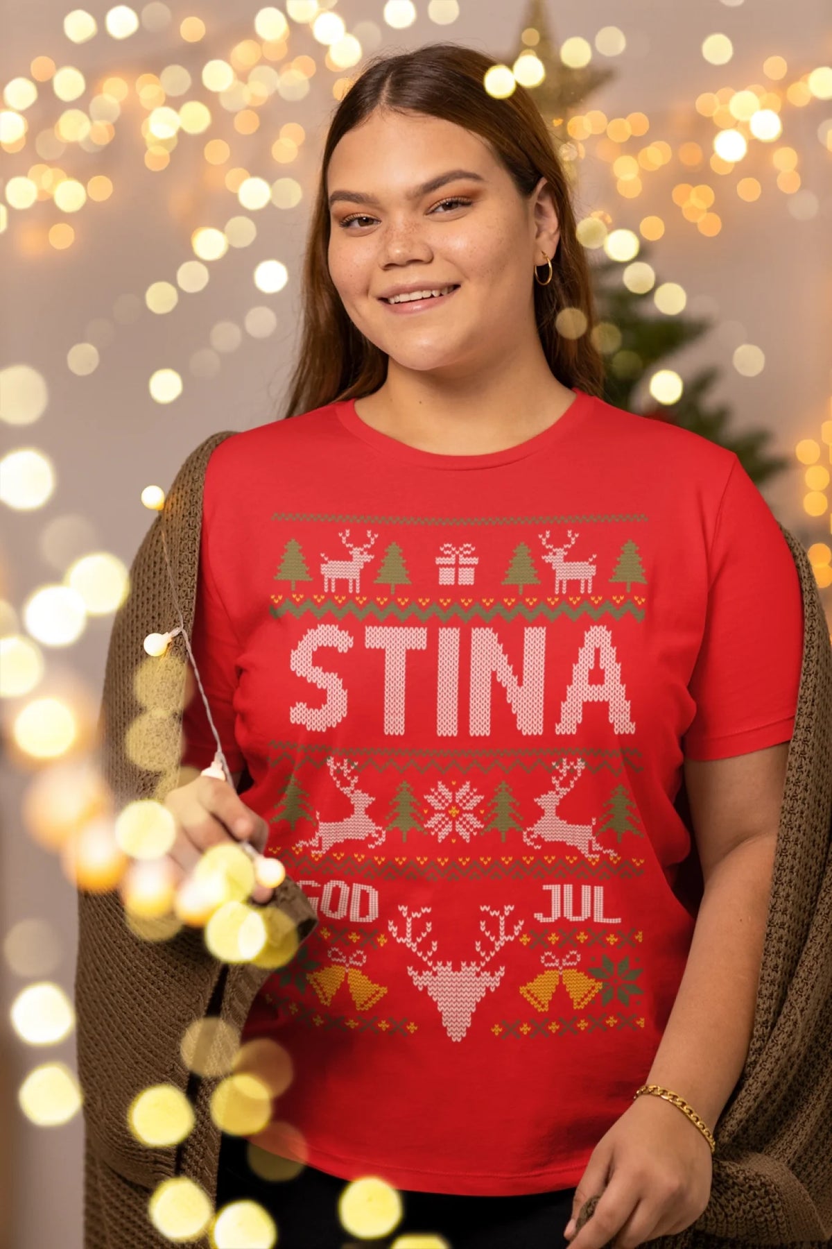 bella-canvas-t-shirt-mockup-of-a-woman-posing-with-christmas-lights-m30414