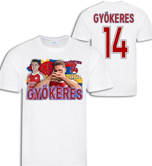White gyökeres Arsenal t-shirt with a printed design and text on a white background