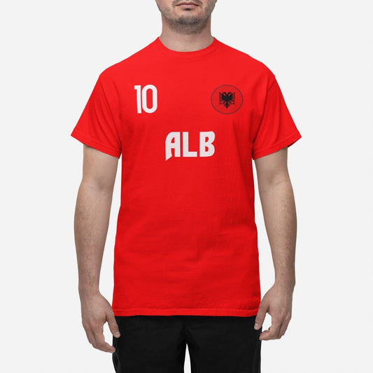 Albanien landslag t-shirt i röd med ALB  & 10 fotboll VM 2026