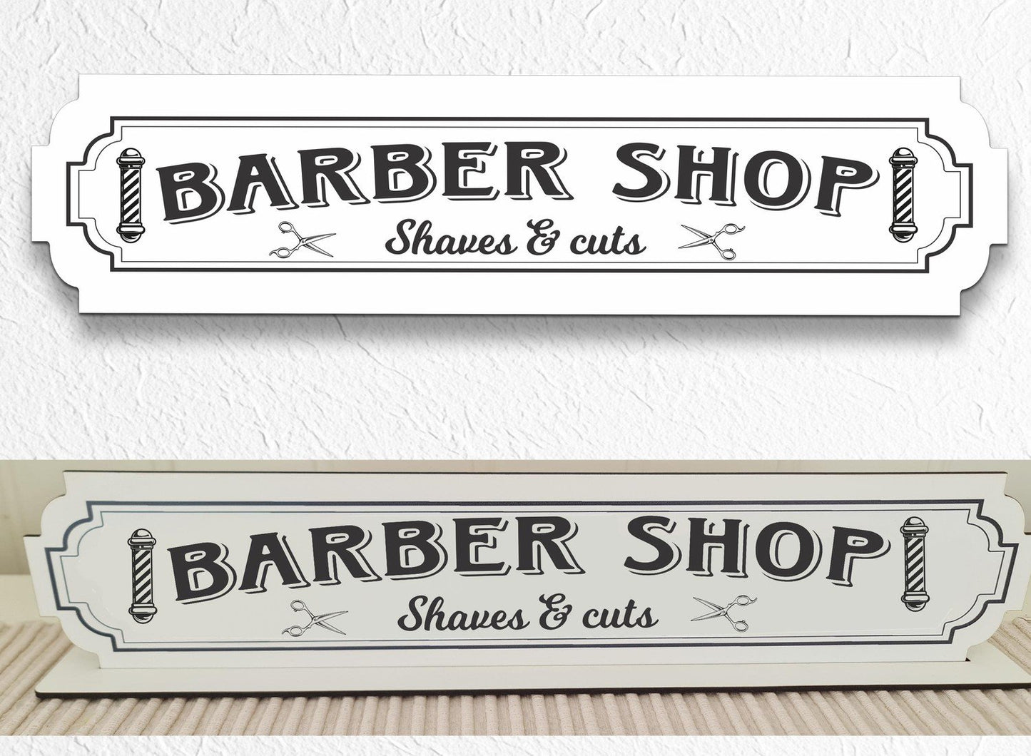 Barber shop Vit skylt - frisörsskylt med stativbasen 35x80mm salong frisör