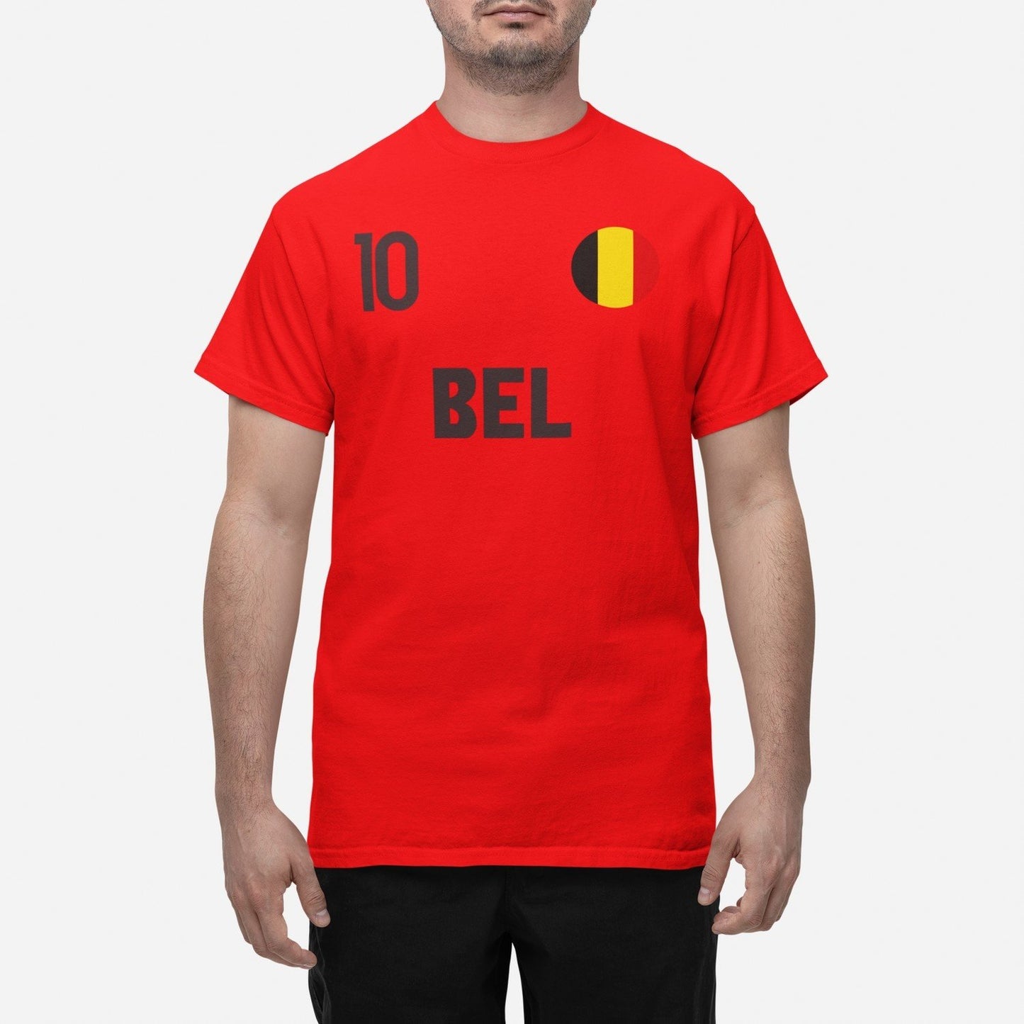 Belgien landslag t-shirt i röd med BEL & 10 fotboll VM 2026