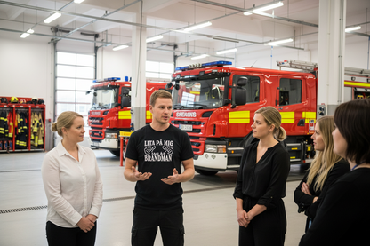 Group of people in a fire station with fire trucks in the background