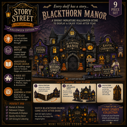 Blackthorn Manor – Halloweenby med LED-fönster | Story Street Collection – 9 delar