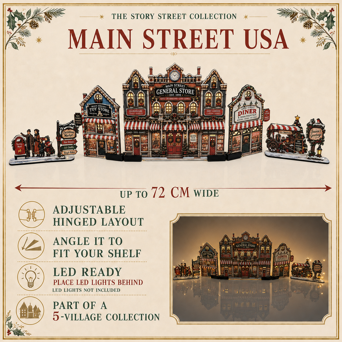 Main Street USA julby – LED-förberedd amerikansk julstad, upp till 72 cm