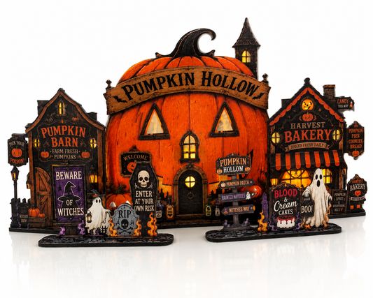 Pumpkin Hollow – Halloweenby med LED-fönster | Story Street Collection – 9 delar