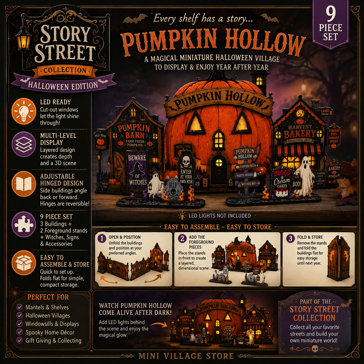 Pumpkin Hollow – Halloweenby med LED-fönster | Story Street Collection – 9 delar