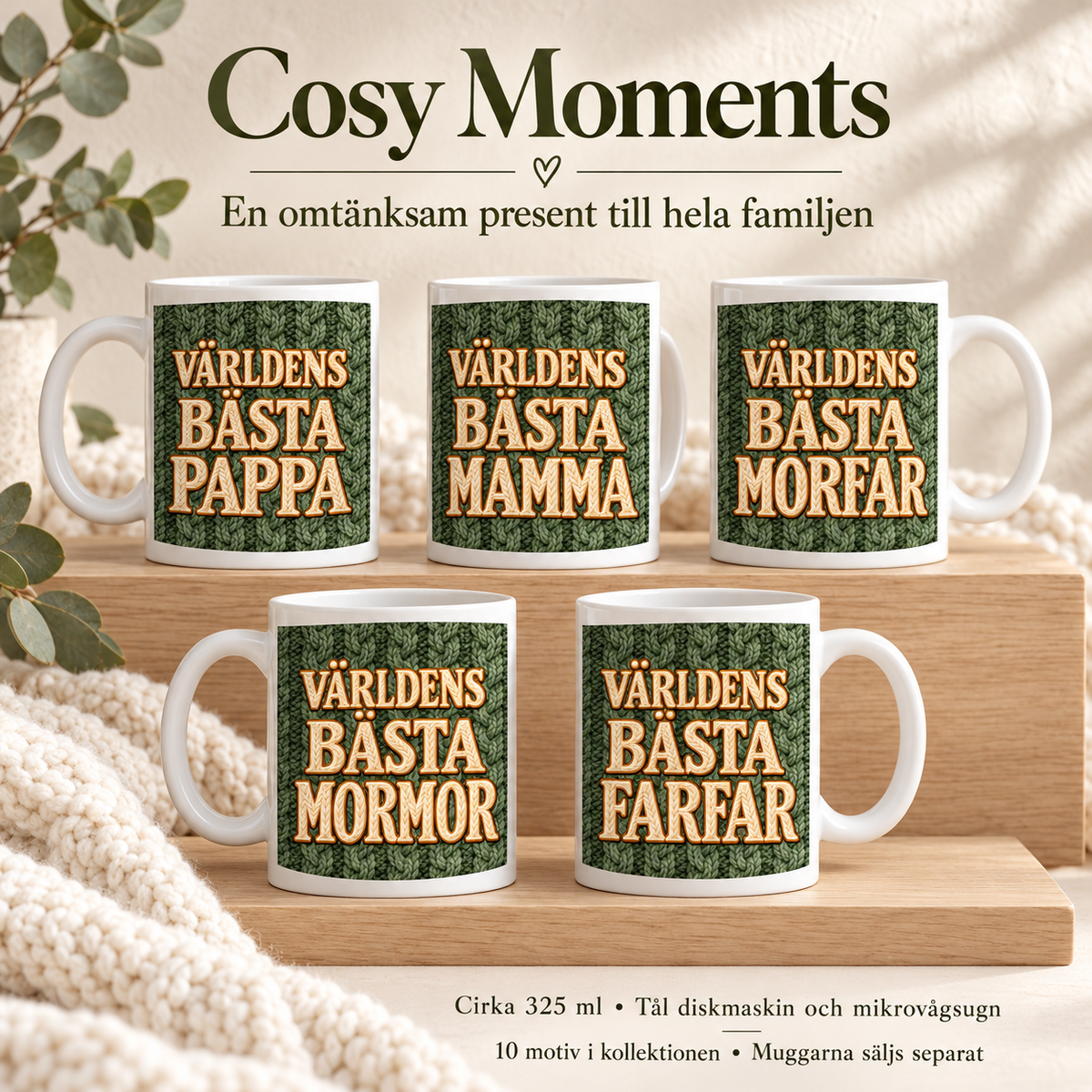 Världens bästa Farfar – Mugg med olivgrönt stickat motiv, 11 oz | Cosy Moments