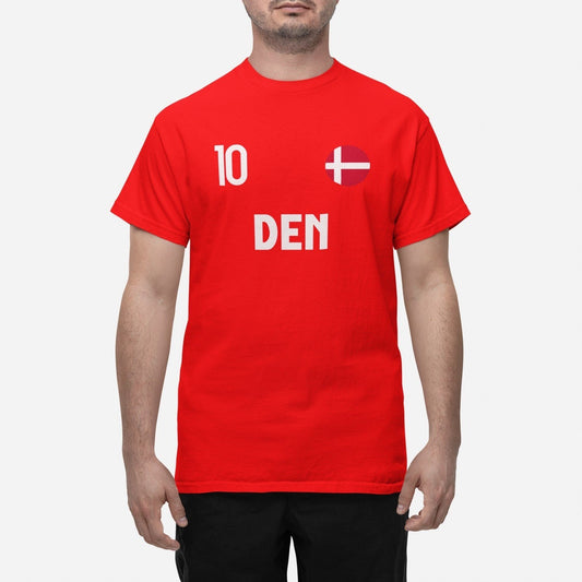 Danmark landslag t-shirt i gul med DEN & 10 Eurovision VM 2026