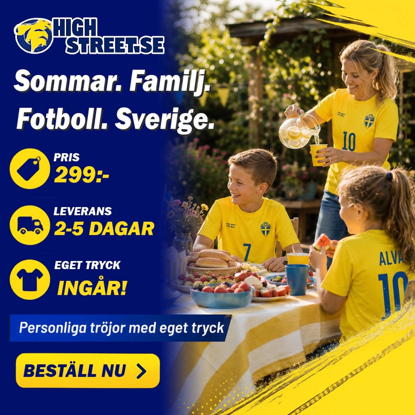 Family enjoying a meal outdoors with promotional text for High Street.se.