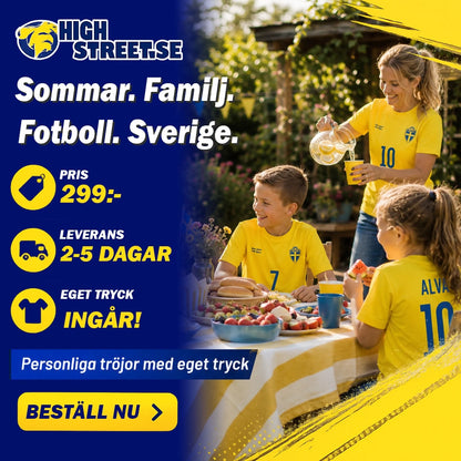 Family enjoying a meal outdoors with promotional text for High Street.se.
