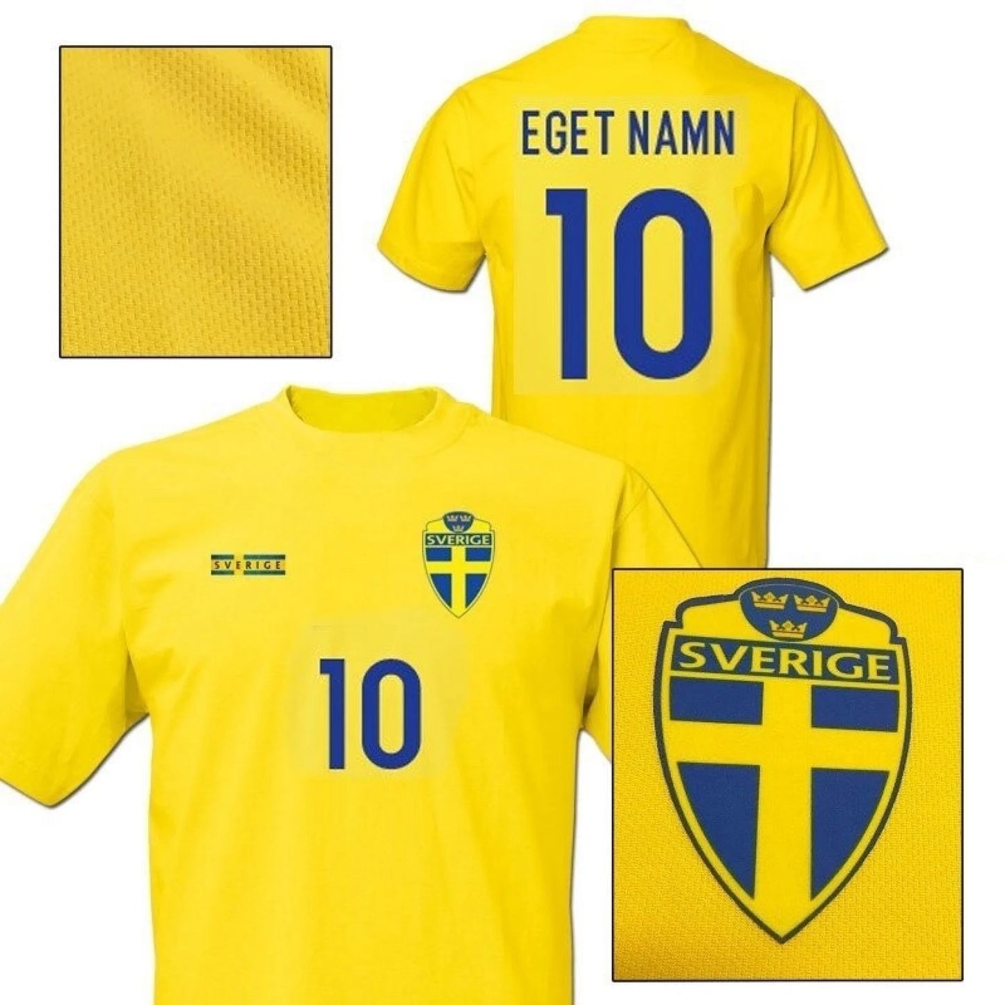 Yellow sweden sports jersey with number 10 and 'Sverige' logo, featuring a close-up of fabric texture and emblem. Own name and nmber print offered