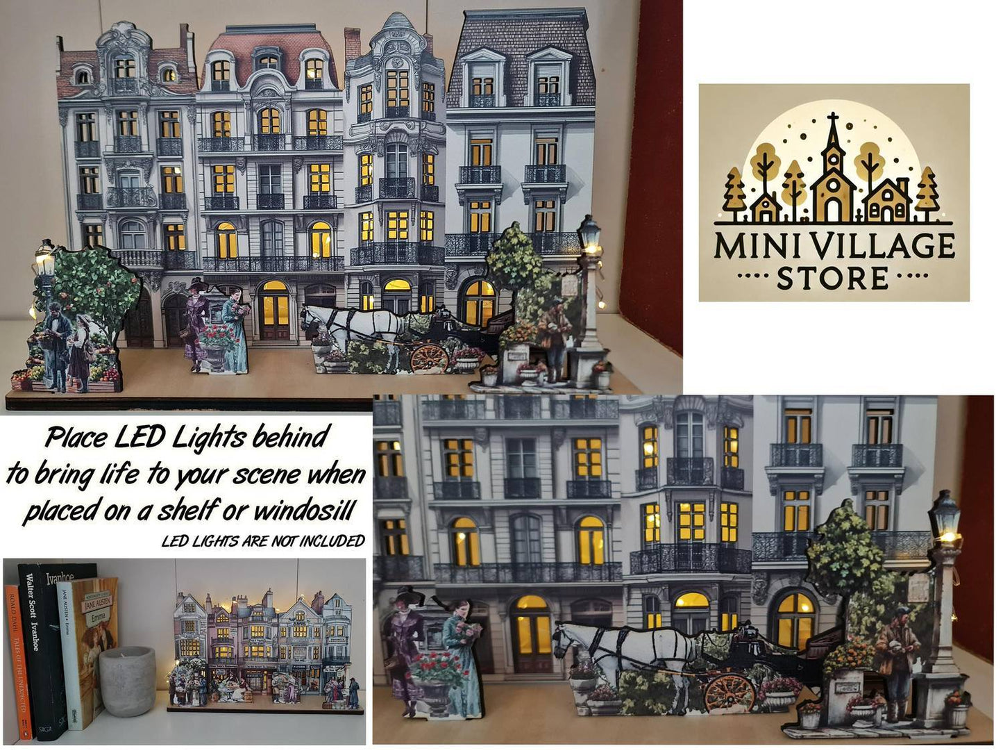 European Townhouse Miniature Scene - perfekt för LED-ljusbelysta fönster