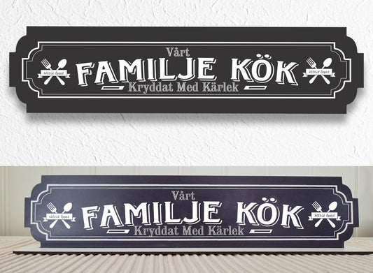 Familje Kök svart skylt - köksskylt med stativbasen 35x80mm
