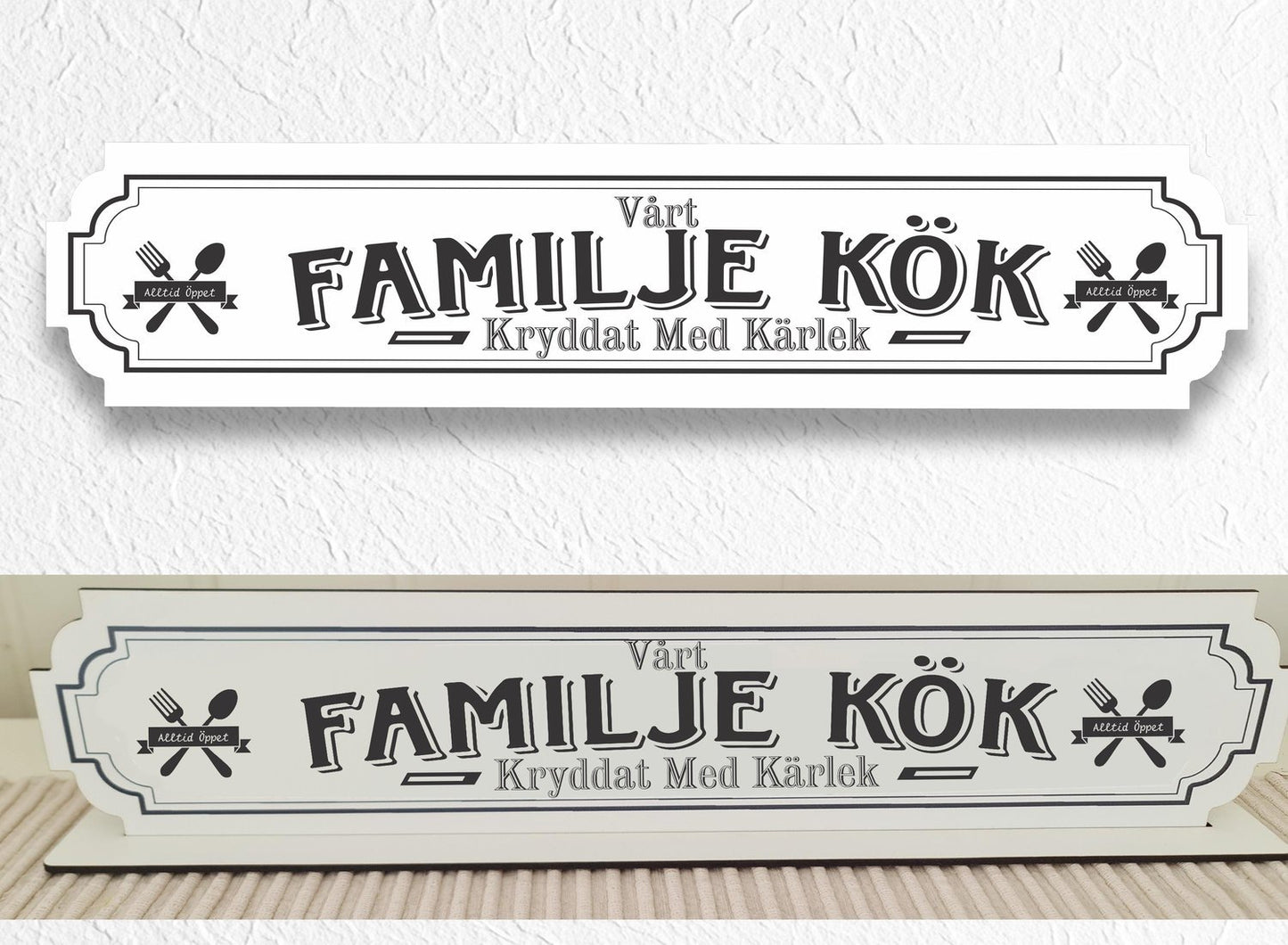 Familje Kök vit skylt - köksskylt med stativbas 35x80mm