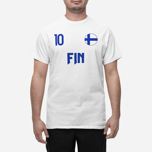 Finland landslag t-shirt i vit med FIN & 10 Eurovision VM 2026