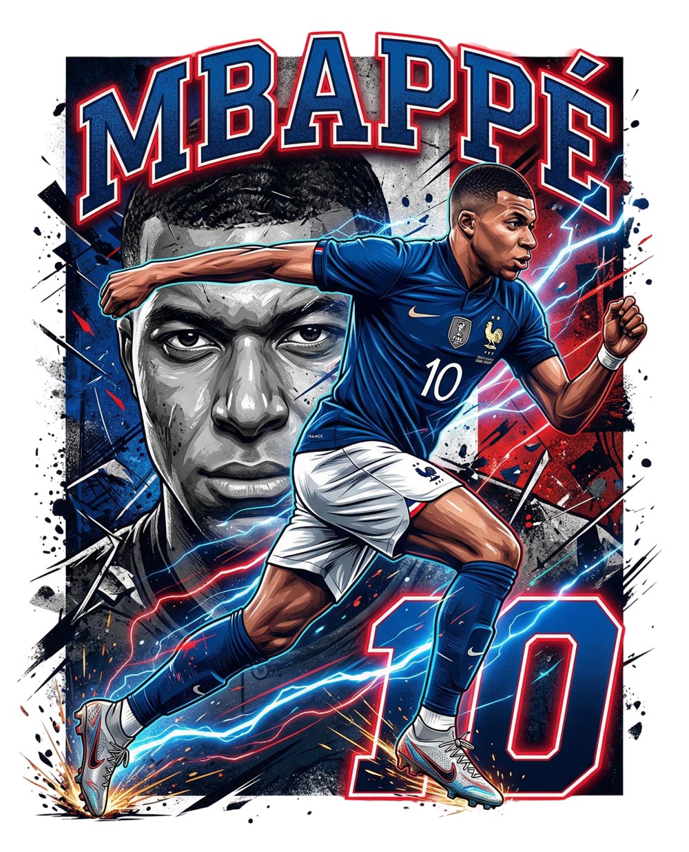 France - Mbappe polyester T-shirt with print front and back. Vibrant sublimation print on a white Sports shirt. Mbappe 10 on the back.