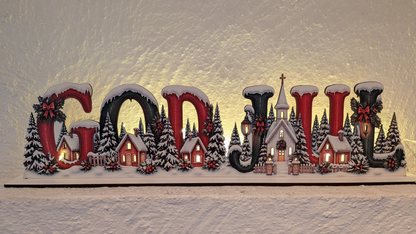 God Jul – stämningsfull julby Juldekor med snötäckta hus, 45 cm