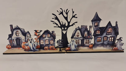 Halloween by med utskurna fönster för ljusslinga kusliga hus - hylla dekoration
