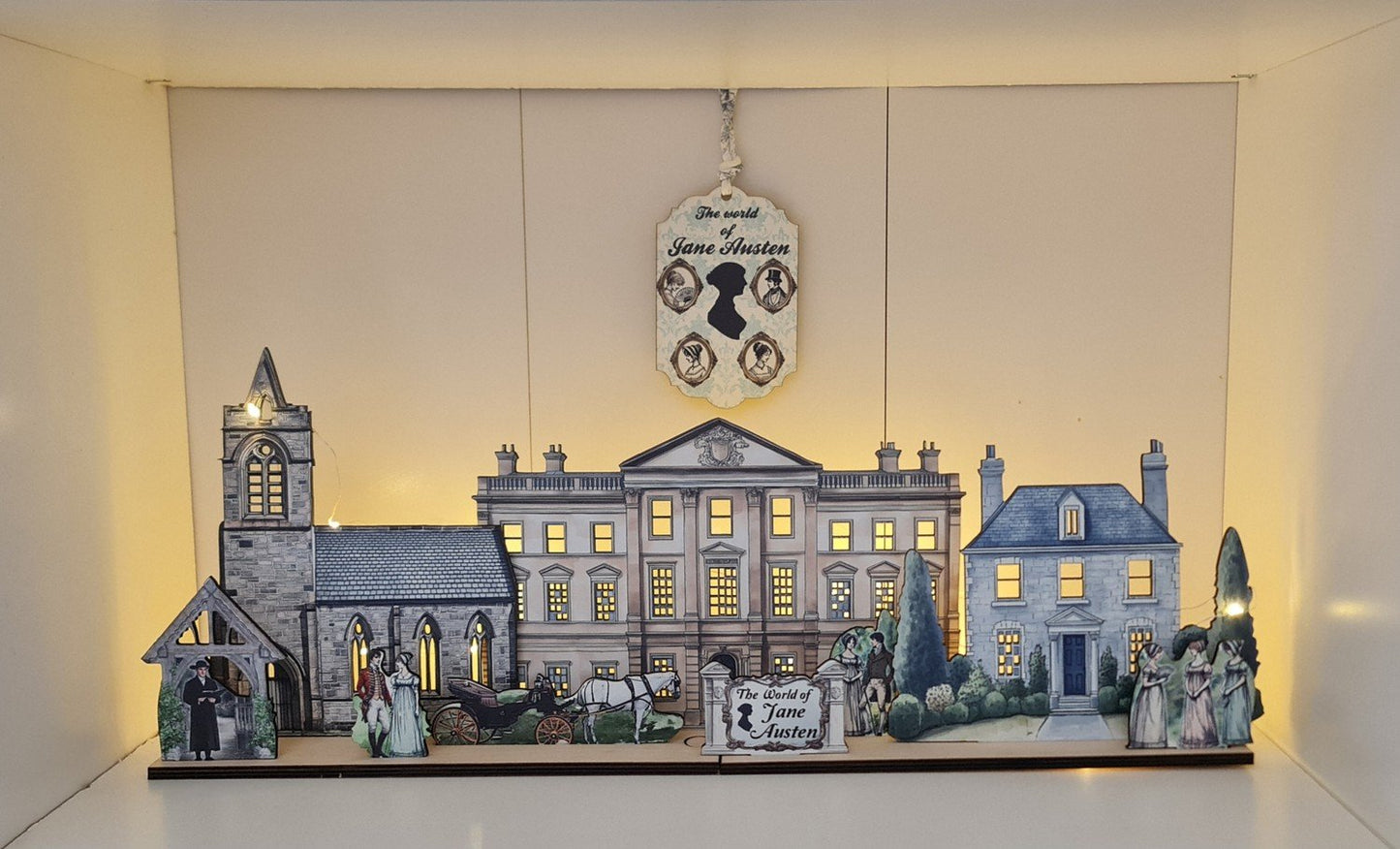 Jane Austen  byscen i miniatyr för hylla Lägg till LED-lampor för att ge liv