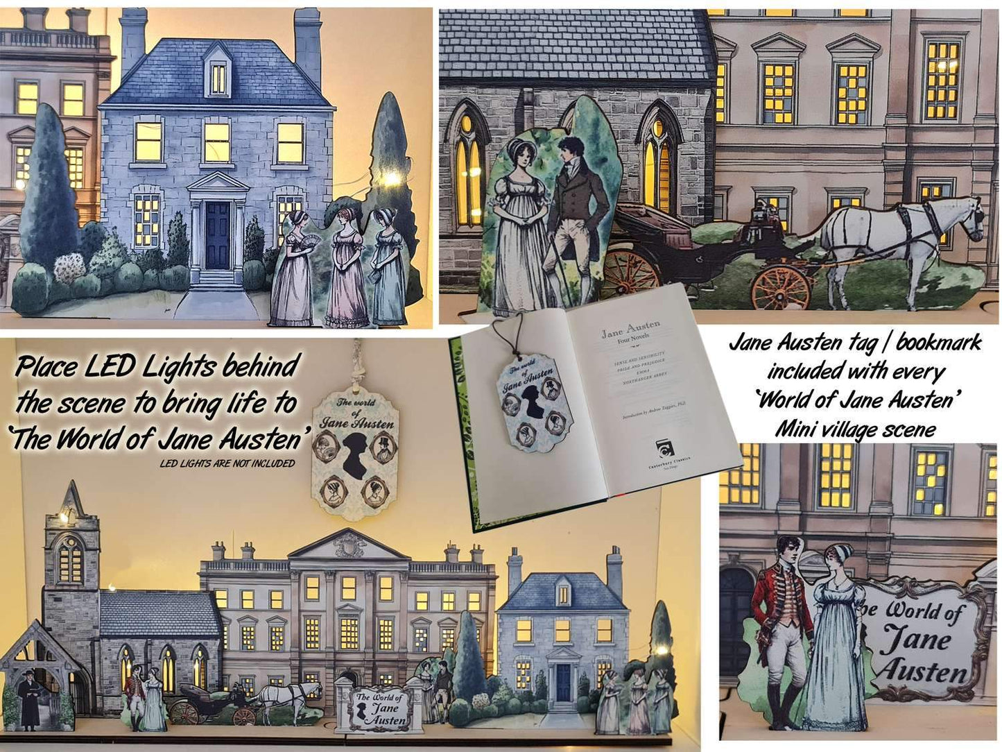 Jane Austen  byscen i miniatyr för hylla Lägg till LED-lampor för att ge liv