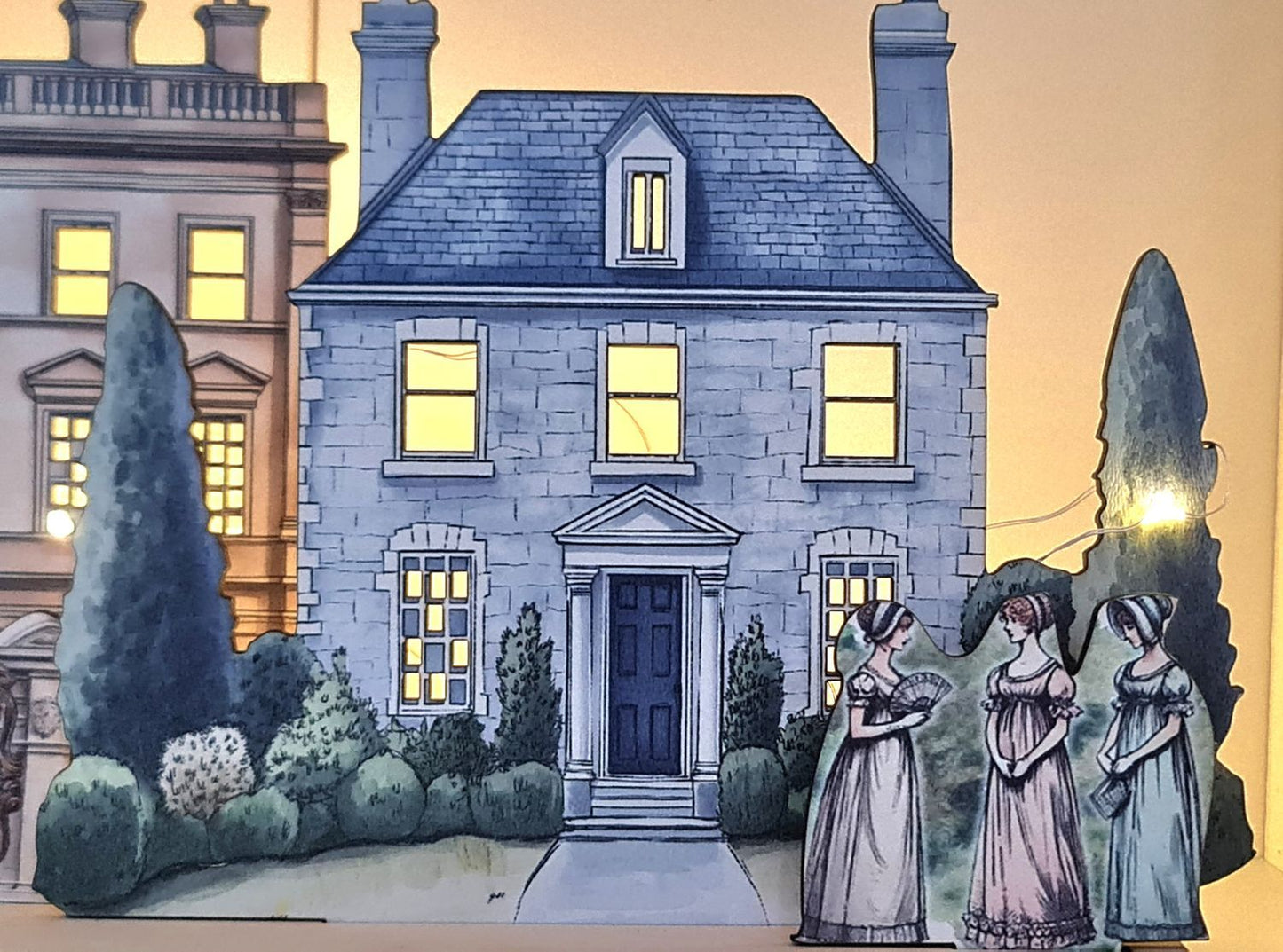 Jane Austen  byscen i miniatyr för hylla Lägg till LED-lampor för att ge liv
