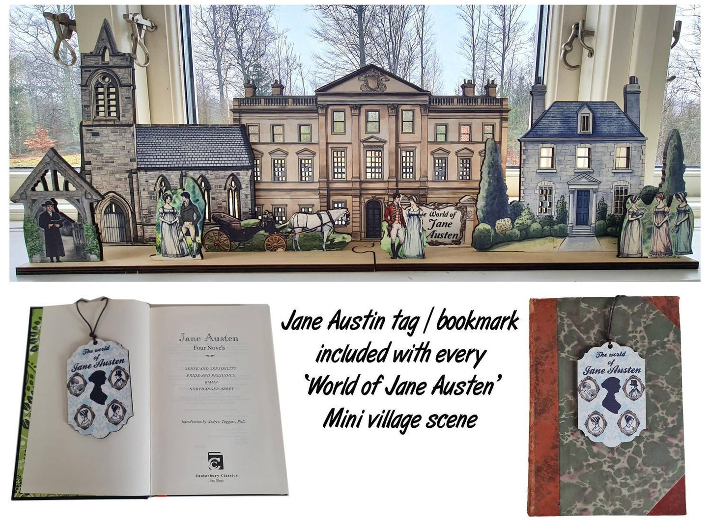 Jane Austen  byscen i miniatyr för hylla Lägg till LED-lampor för att ge liv