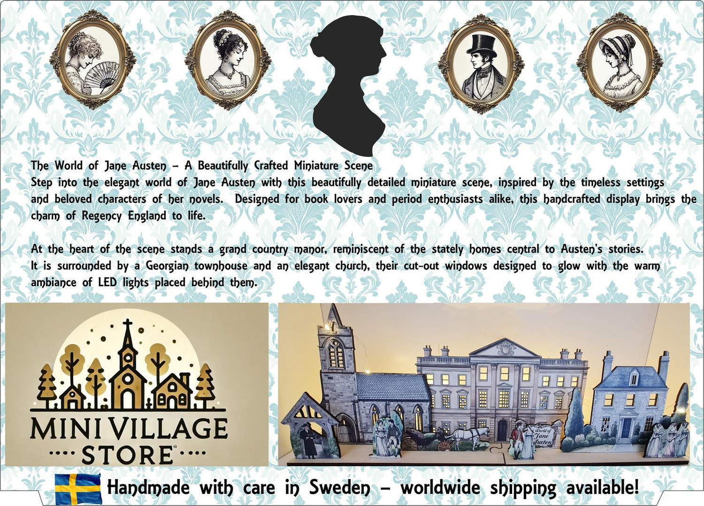 Jane Austen  byscen i miniatyr för hylla Lägg till LED-lampor för att ge liv