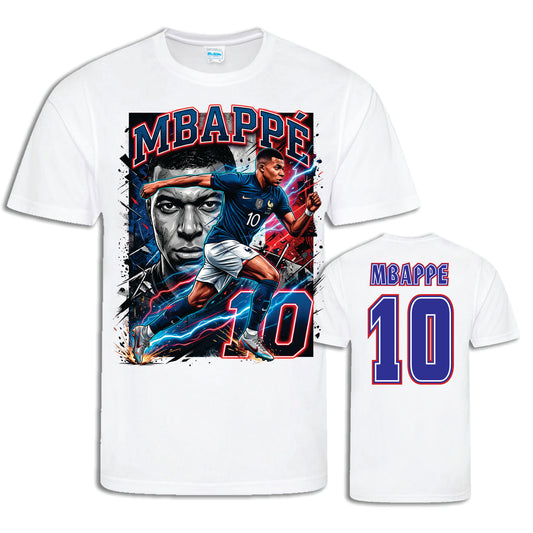 France - Mbappe polyester T-shirt with print front and back. Vibrant sublimation print on a white Sports shirt. Mbappe 10 on the back.