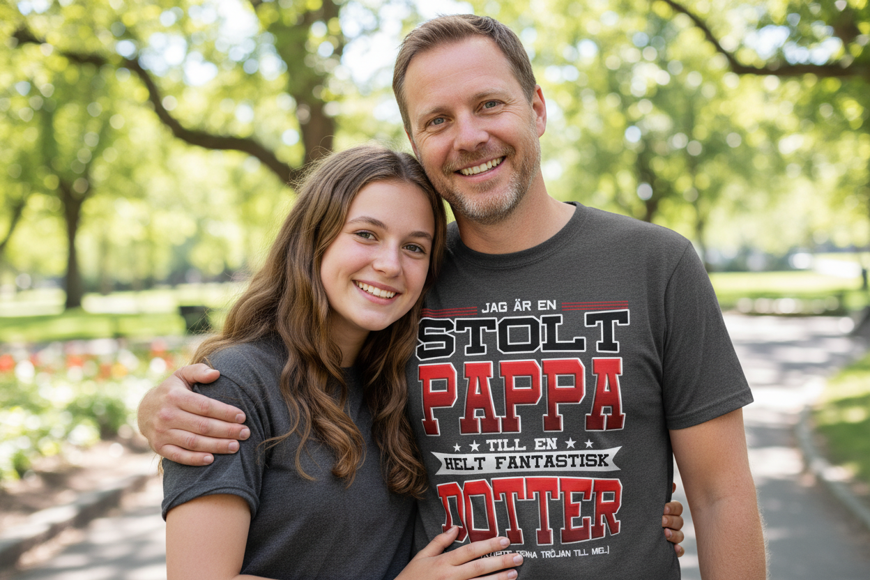 Man and woman standing together in a park, with the man wearing a t-shirt with text.