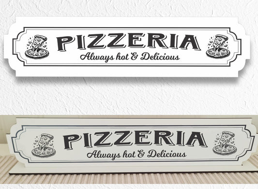 Pizzeria Vit skylt - Pizzeriaskylt med stativbas 350x80mm