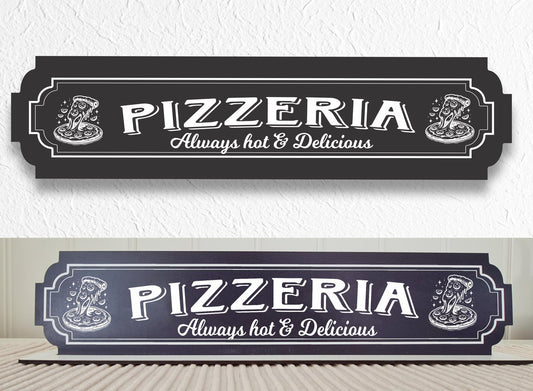 Pizzeria svart skylt - Pizzeriaskylt med stativbasen 35x80mm
