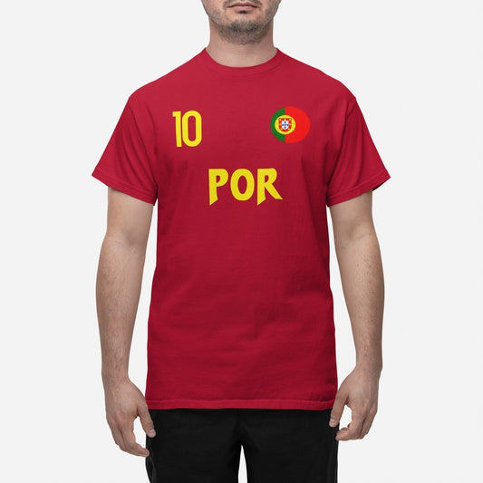 Portugal landslag t-shirt i röd med POR & 10 fotboll VM 2026