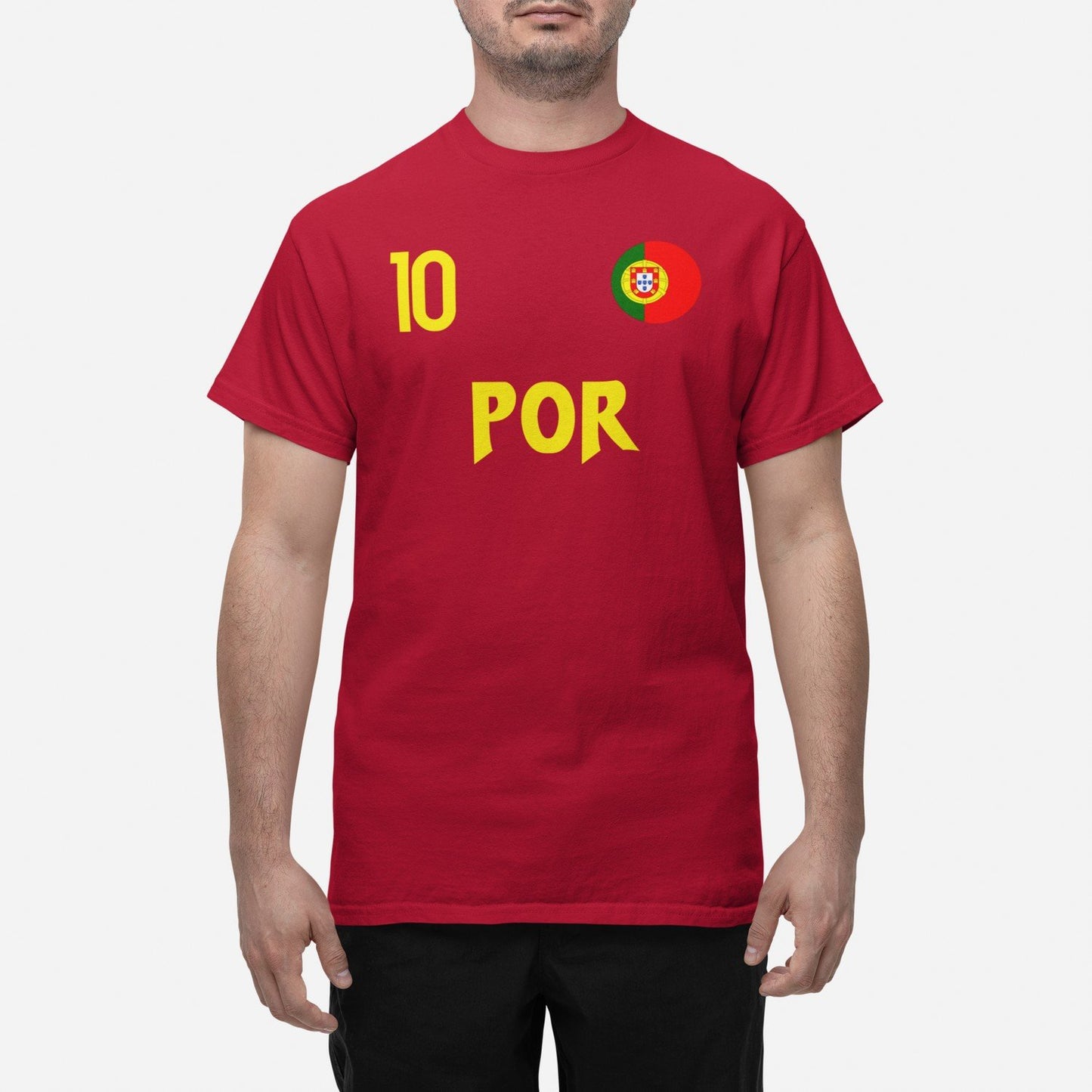 Portugal landslag t-shirt i röd med POR & 10 fotboll VM 2026