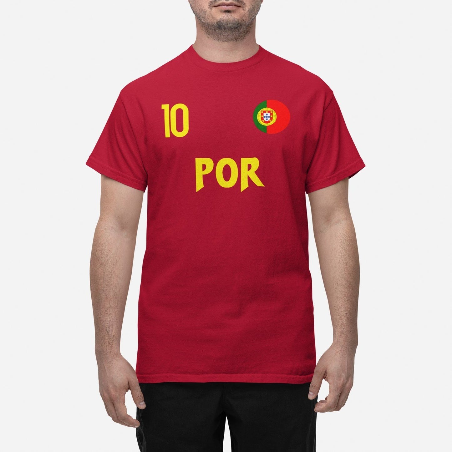 Portugal landslag t-shirt i röd med POR & 10 fotboll VM 2026