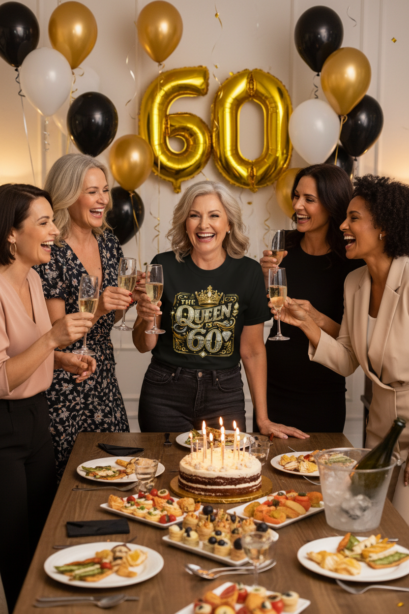 A close-up of a person wearing a black crewneck t-shirt with a large gold and silver graphic that reads 'THE QUEEN IS 60' decorated with a crown and ornate details.