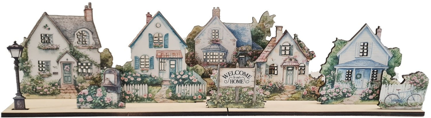 Rose Garden Cottage Mini Village Scene Placera LED-lampor för upplysta fönster