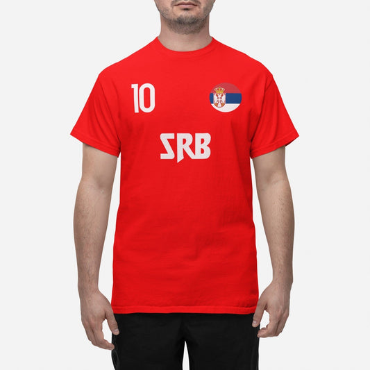 Serbiens  landslag t-shirt i röd med SRB & 10 fotboll VM 2026
