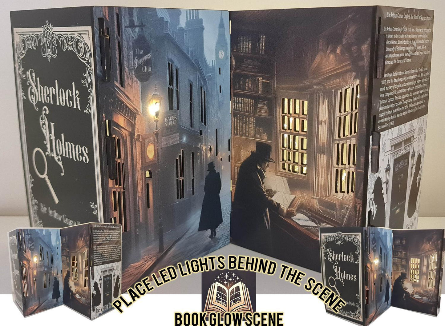 Sherlock Holmes Glow Book Scene 3D-bokkonst, hyllbelyst display för led-lampor,