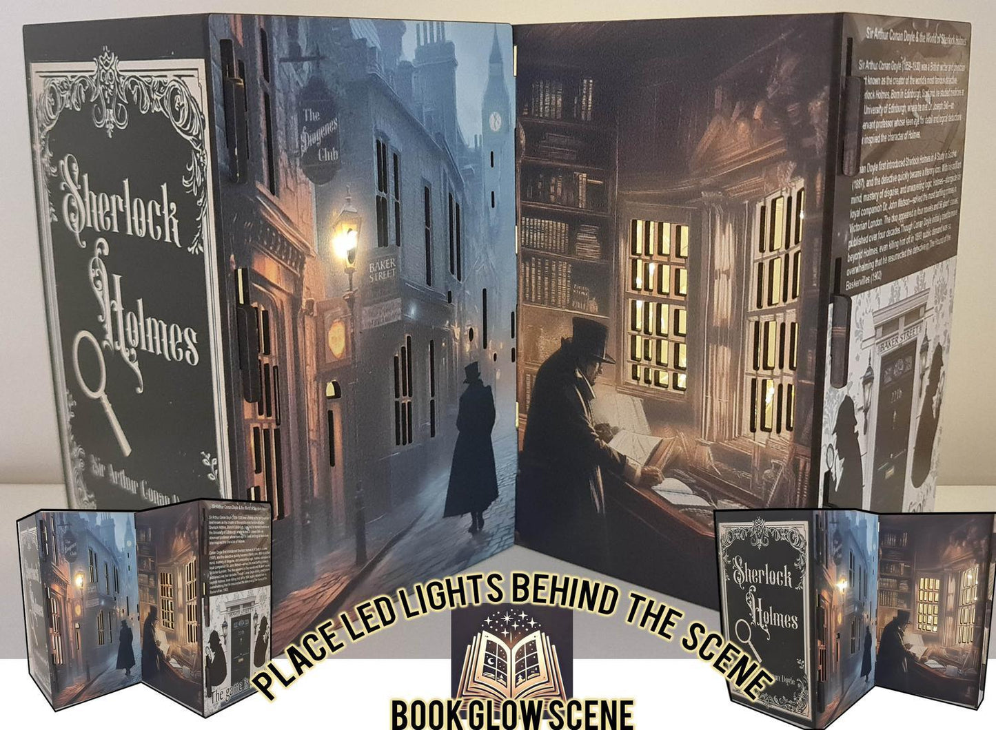 Sherlock Holmes Glow Book Scene 3D-bokkonst, hyllbelyst display för led-lampor,