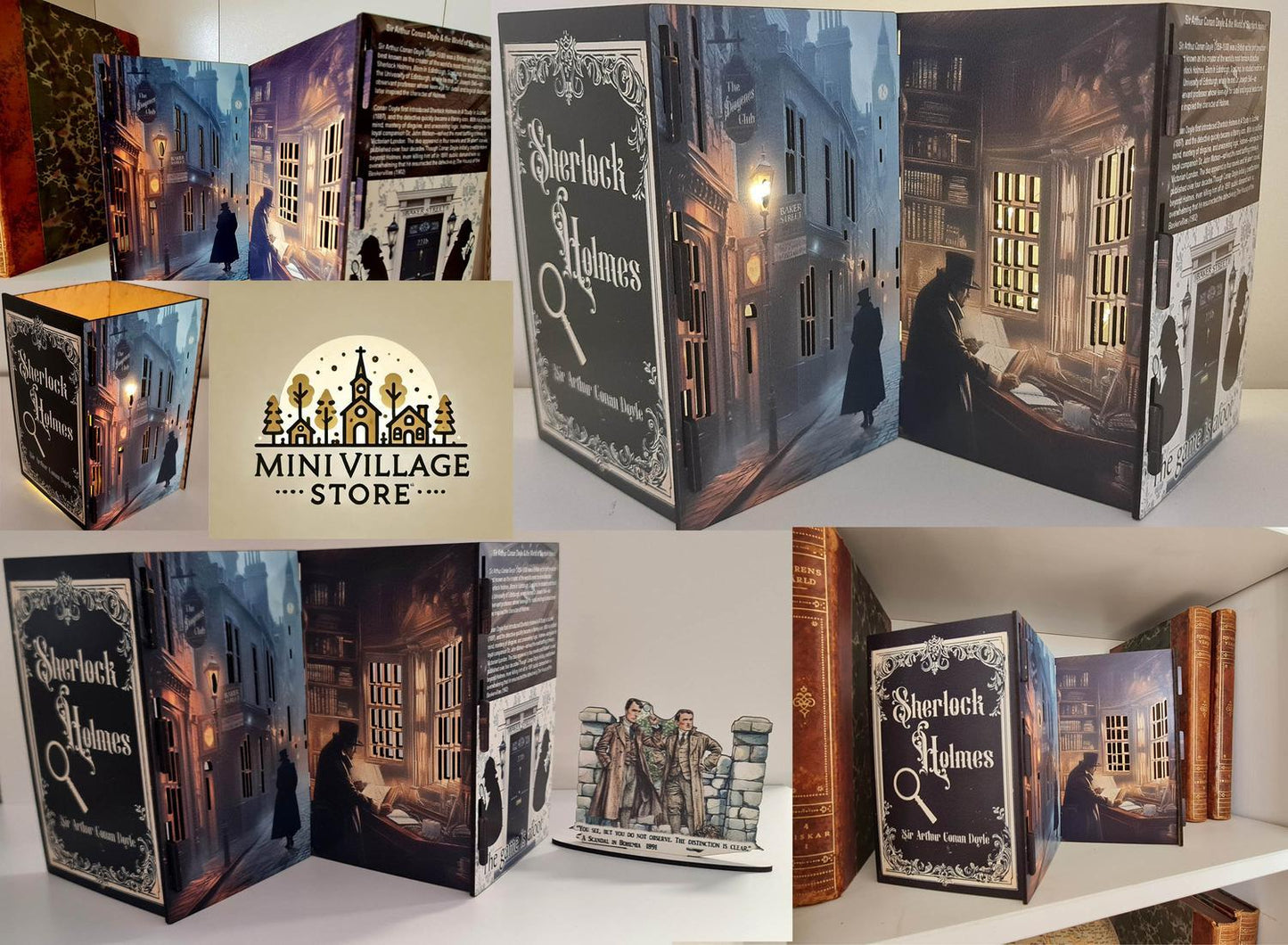Sherlock Holmes Glow Book Scene 3D-bokkonst, hyllbelyst display för led-lampor,