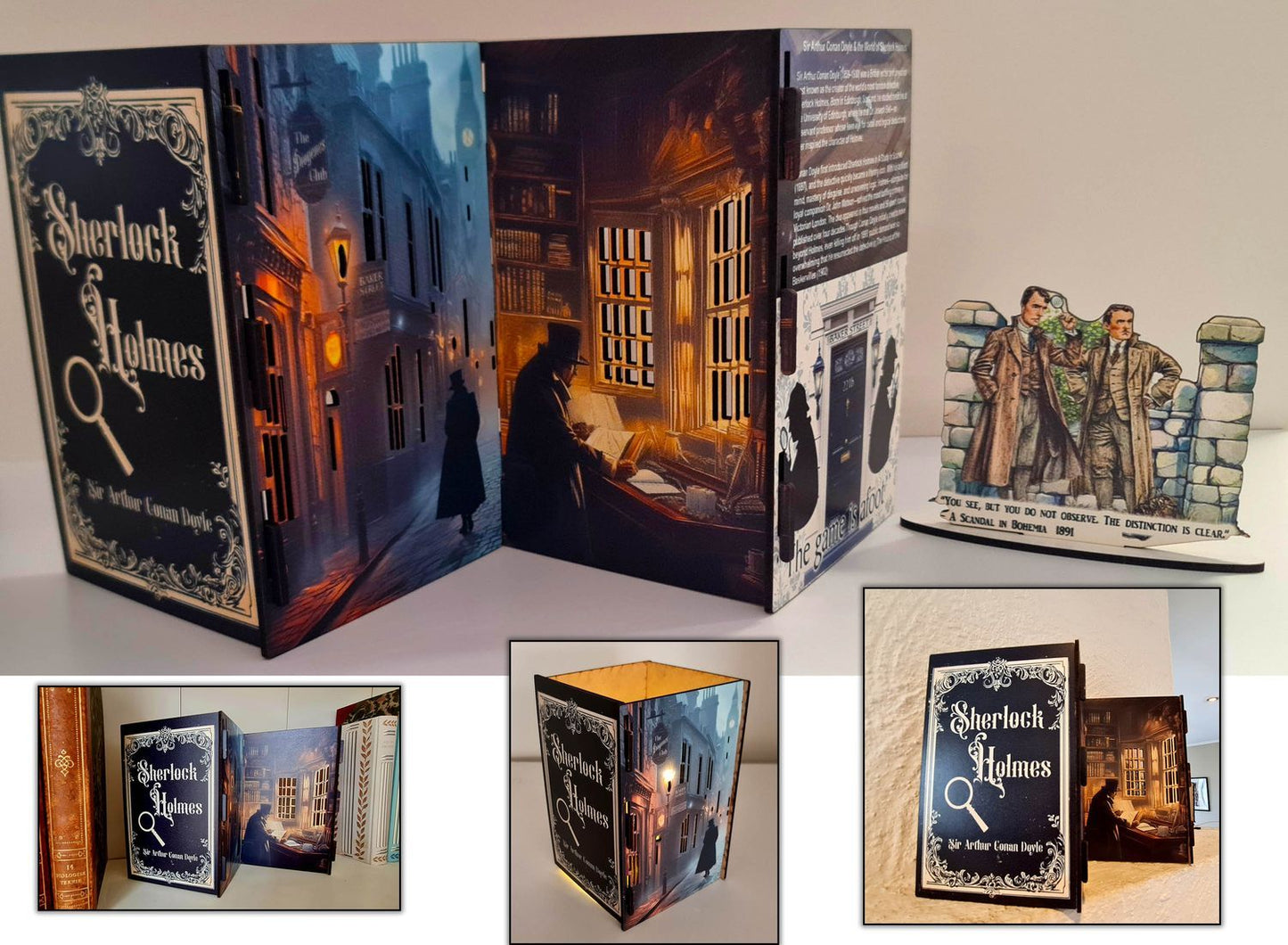 Sherlock Holmes Glow Book Scene 3D-bokkonst, hyllbelyst display för led-lampor,